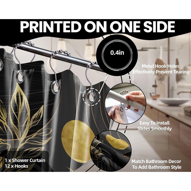 QGHOT Black and Gold Shower Curtain Boho Mid Century Black