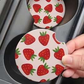 Car Cup Holder Coaster, Car Coasters for Cup Holder, 2 Pack Absorbent Ceramic Car Coaster with Finger Notch & Cork Base, Cute Car Interior Accessories for Women(Cute Boho Strawberry)