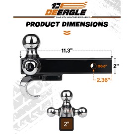 DEEAGLE 3 Ball Hitch with Hook, Tri Ball Hitch, 1-7/8", 2" and 2-5/16" Ball, Fit 2” Hitch Receiver, Heavy Duty Ball Hitch