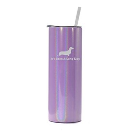 20 oz Skinny Tall Tumbler Stainless Steel Vacuum Insulated Travel Mug Cup With Straw It's Been A Long Day Dachshund (Purple Iridescent Glitter)