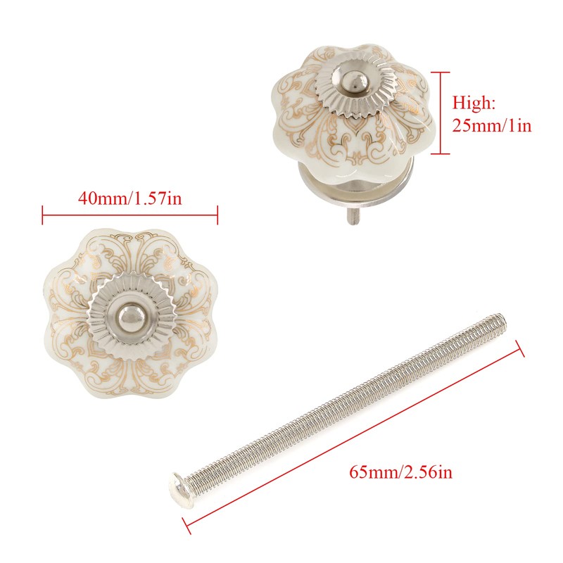 Piutouyar 6PCS Ceramic Cabinet Knobs,Gold and White Roll Hand Painted