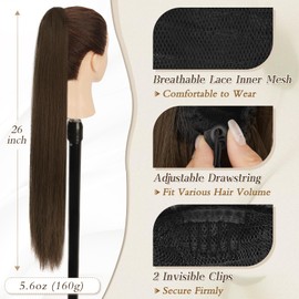 BARSDAR Long Straight Ponytail Extension - 26 Inch Drawstring Brown Ponytail Hair Extensions Synthetic Clip in Pony Tails Hairpieces Fake Ponytails for Women Girls Daily - Chestnut & Chocolate Brown