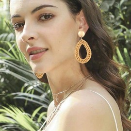 ARATLENCH Rattan Woven Dangling Earrings Handmade Straw Dangle Drop Earrings Boho Summer Beach Statement Circle Ball Hoop Earrings for Women (Metal Teardrop)