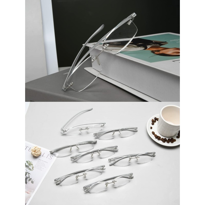 LUR Rimless Reading Glasses for Men Women 7 pack Small