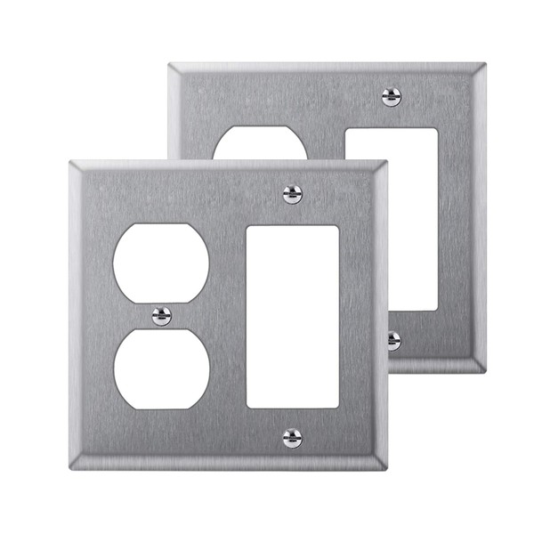 [2 Pack] BESTTEN 2-Gang Combination Metal Wall Plate with Ｗhite or Clear Plastic Film, 1-Duplex/1-Decor, Anti-Corrosion Stainless Steel Outlet and Switch Cover, Standard Size, Brushed Finish, Silver