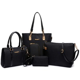 RainboSee Women Handbag and Purse 6Pcs Tote Satchel Top Handle Crossbody Shoulder Bag Clutch Wallet Key Case Black