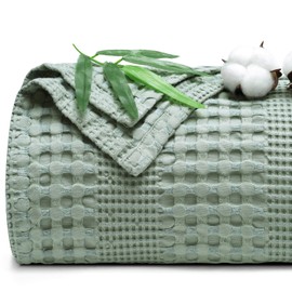 PHF Cooling Waffle Blanket Twin Size, Lightweight 60% Rayon Derived from Bamboo & 40% Cotton Breathable Blanket for Hot Sleepers, Soft and Luxury for Bed Couch and Sofa, 66"x90", Sage Green