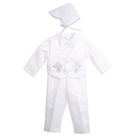Lito Angels Baby Boys Christening Suit with Christening Cap, 4-Piece Satin Christening Suit, Vest with Rhinestone or Embroidered Cross Pattern, Short Sleeve/Long Sleeve, White, A-white (long sleeve)