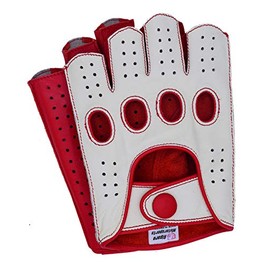 Riparo Mens Leather Reverse Stitched Fingerless Half-Finger Driving Motorcycle Gloves (Large, White/Red)