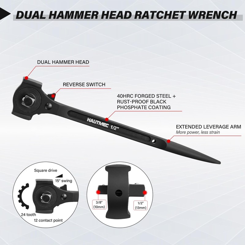 HAUTMEC 12inch Spud Ratchet Wrench Set(3 PCS), Includes 3/4" x