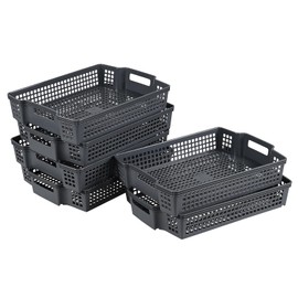 Leendines 6 Packs Stackable Organizer Storage Basket Trays, Plastic Office Shallow Peper Trays, Grey