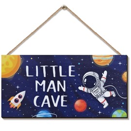 ZIEYOMI- Little Man Cave Sign Space Boys Room Decor, Astronaut Theme Bedroom Nursery Decor Hanging Wall Art, Wooden Plaque Outer Space Decor for Toddler Boys Room Kids Playroom Decorations