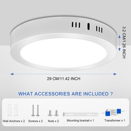 LED Flush Mount Ceiling Light, 11.42 Inch 24W 6500K Hardwire Light Fixture, 230W Equivalent 1.26In Thin Round White Lamp for Living room Kitchen Porch Bedroom Hallway Basement, Non-dimmable 1 Pack