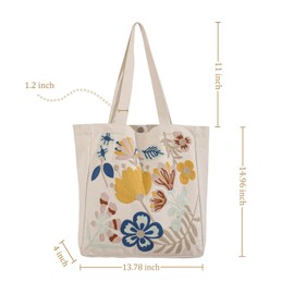 Perseverance Trade Aesthetic Embroidery Canvas Tote Bag for Women Multicolor Flowers Shoulder Bag with Magnetic Buckle and Zipper Inner Pocket Reusable Cotton Bag for Shopping Grocery Work Book Gift