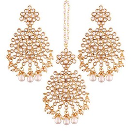 Aheli Ethnic Faux Kundan Drop Pearl Beads Dangle Earrings Maang Tikka Set Bollyood Wedding Party Fashion Jewelry for Women