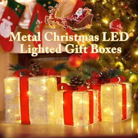 Quntis Set of 3 Light Up Present Boxes, 60 LEDs Christmas Decorations Parcels Lights, Illuminated Present Lights Gift Boxes Christmas Tree Decorations Indoor Xmas Fairy Lights Decor
