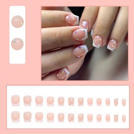 Extra Short Press on Nails Square Fake Nails White French Tip False Nails Rhinestone Full Cover Glue on Nails Glossy Stick on Nails Reusable Acrylic Nails for Women Manicure 24Pcs