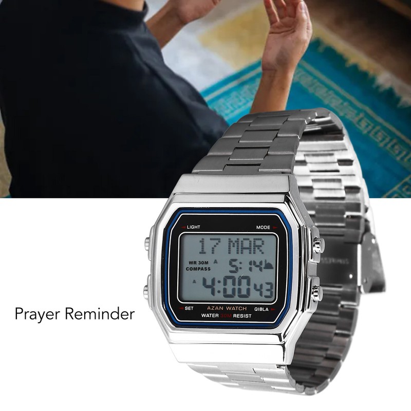 Men Muslim Digital Watch Prayer Reminder Strainless Streel Strap Waterproof