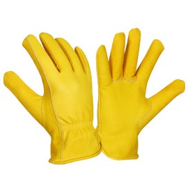 MOTOROAR Work Gloves Cowhide Grain Premium Leather Yellow Work Driver Gloves With Elastic Wrist Closure And Inside Fleece Lining General Purpose Utility, Driver, Rigger, Safety, Gardening (9(medium)