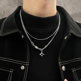 Jemant Star Layered Necklace For Men Women Silver Stainless Steel Cuban Chain Chunky Punk Goth Edgy Shiny Black White Zirconia Stacked Layered Choker Necklace Non Tarnish Jewelry Christmas Gift