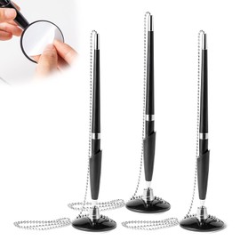 Hunken 3 Pcs Fixed Base Ballpoint Pen Set, Plastic Signature Pens with Stand and Chain, Black Ink Writing Pen for Reception Desk, Registry, Office, Wedding, and Party Decor (Black)