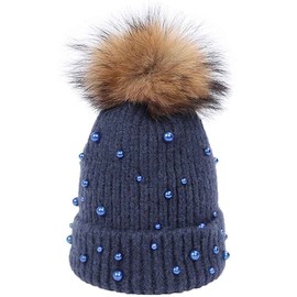 Womens Warm Cap Winter Knitted Beanie Hat Faux Fur Ball Pearls Beaded Trim Hat