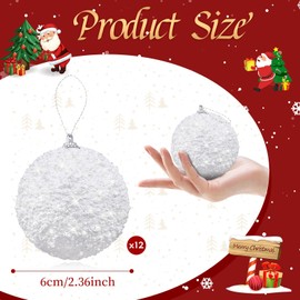 12 Pcs 2.36 Inch Christmas Ball Ornaments Glitter Sequin Ball Large White Christmas Tree Decorations Xmas Hanging Balls for Home New Year Holiday Indoor Outdoor Party Decor(White, 2.36 Inch)