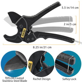 DOWELL PVC Pipe Cutter Ratchet Pipe Tube Cutter Cutting Tool Heavy Duty Teflon Coated Stainless Steel Blade Max O.D. Adjustable 1-inch to 1-5/8-inch 26-42mm HY040302