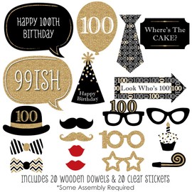 Big Dot of Happiness Adult 100th Birthday - Gold - Birthday Party Photo Booth Props Kit - 20 Count