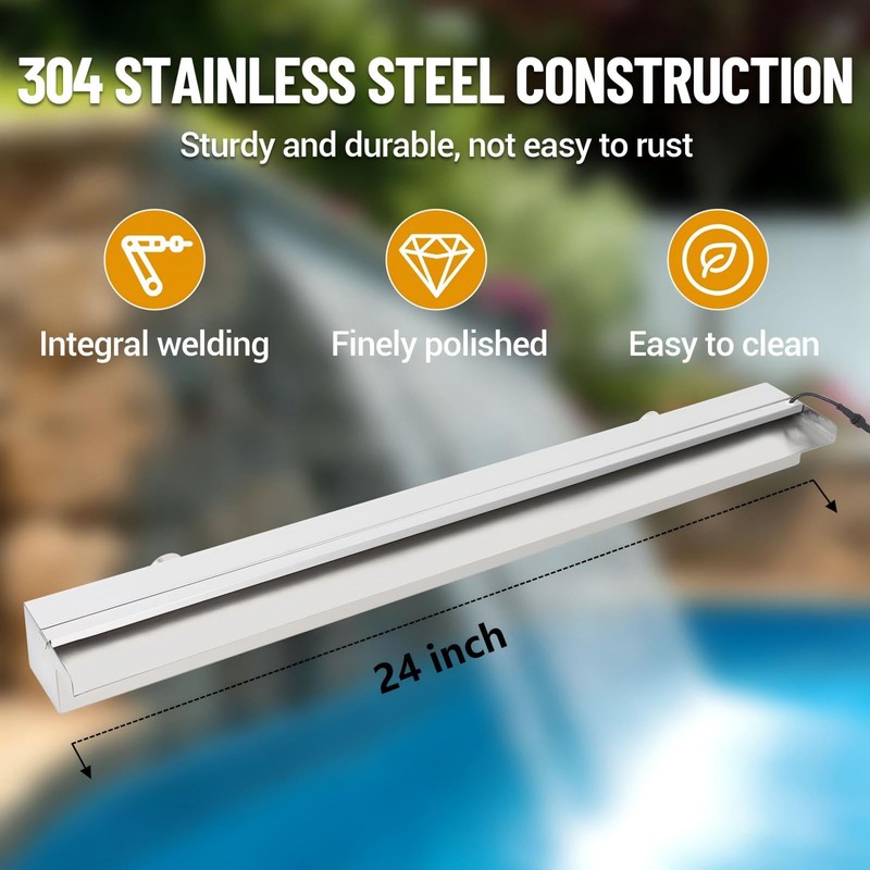 23.6"*4.7"*3.2" Stainless Steel Waterfall Fountain for Pools, Illuminated Water Feature,