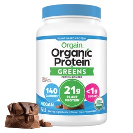 Orgain Organic Vegan Protein Powder + Greens, Creamy Chocolate Fudge - 21g Plant Based Protein, Gluten Free, Dairy & Lactose Free, Soy Free, No Sugar Added, Iron & Prebiotics for Gut Health - 1.94lb