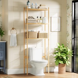 QSN SILK LU 3 Tier Over The Toilet Organizer Rack Bamboo, Freestanding Bathroom Toilet Storage Shelf, Space Saving and Easy to Install, Adjustable Feet, Adjustable Bottom Rod