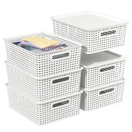 Xowine 6-Pack Plastic Woven Basket with Lids, Lidded Storage Bin, White