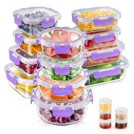 34pcs Glass Food Storage Containers with Lids Set, Airtight Glass Meal Prep Containers (17 Containers & 17 Lids), Leak Proof Lunch Container BPA-Free, Microwave, Oven, Freezer, Dishwasher Safe-Purple