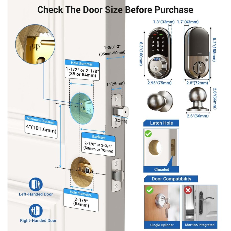 Veise RZ07C Smart Locks for Front Door, 2 Knob Handle