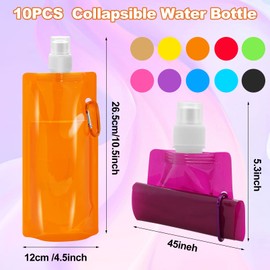10 Pcs Collapsible Foldable Water Bottle 480ml, Leak Proof with Carabiner, BPA Free, Reusable Drinking Bags for Travel, Gym, Camping, Hiking