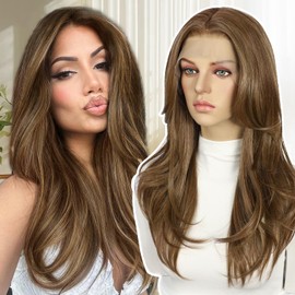 BABEHERS Brown Synthetic Lace Front Wig, 13x4 Straight Highlight Layered Wigs for Women Pre-plucked Natural Hairline Heat Resistant Hair with Curtain Bangs 18 Inch Daily Use