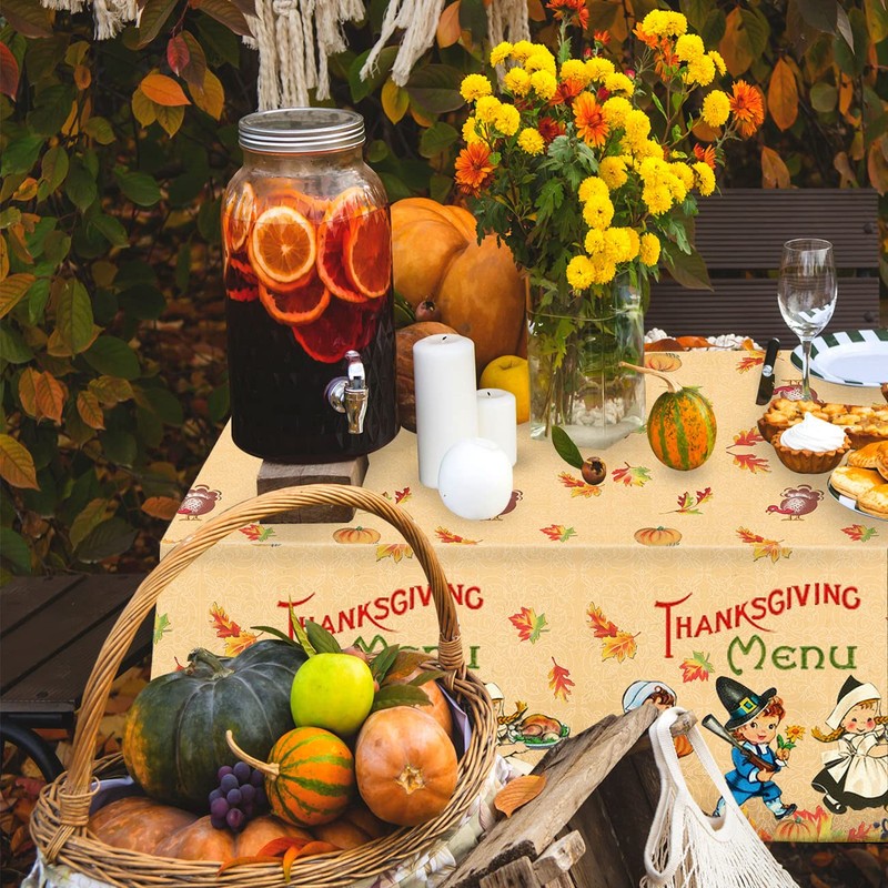 3 PCS Thanksgiving Fall Tablecloth Vintage Autumn Pumpkin Maple Leaves
