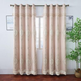 Amidoudou 1 par de cortinas europeas de doble capa con cenefas para sala de estar, recámara, cortinas bordadas de flores 3D de lujo (caqui, 52 x 90 pulgadas)