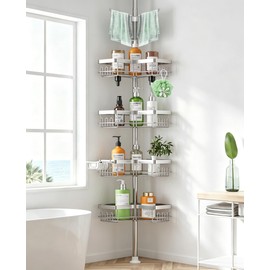 Clothink Corner Shower Caddy Tension Pole 4 Tier Rustproof Bathroom Organizer Shelves for Inside Shower Bathtub Shampoo Storage,26 to 120 Adjustable Standing Rack with Towel Rack