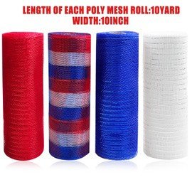Cieovo 4 Roll Independence Day Wired Edge Ribbon 10 Inch x 30 feet 4th of July Red White and Blue Metallic Foil Mesh Ribbon for Independence Day Patriotic Wreaths, Swags and Decorating