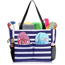 Large Beach Bags, Waterproof Tote Bag, Blue Striped Handbags with Zipper, Shoulder Bag with 10 Pockets, Holiday Essentials Shopping Handbags for Pool, Gym, Picnic, blue