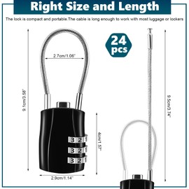 Tandefio 24 Pcs TSA Approved Luggage Lock with Zinc Alloy Body Travel 3 Digit Combination Baggage Suitcase Backpack Lock Keyless Resettable Cable Padlocks for School Gym Locker, Black