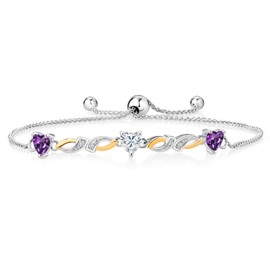 Gem Stone King 925 Silver and 10K Yellow Gold Purple Amethyst White Moissanite and Lab Grown Diamond Tennis Bracelet For Women (1.37 Cttw, Fully Adjustable Up to 9 Inch)