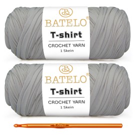 BATELO 2 Pack T-Shirt Yarn for Beginner Crochet Bags, Baskets, Coasters, Thick Polyester Fabric, 400g/144yds, Light Gray