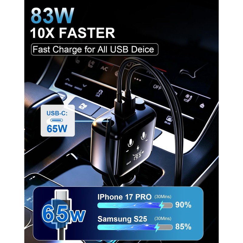 3-in-1 Retractable Car Charger with Funny Expression Light Voltage Display