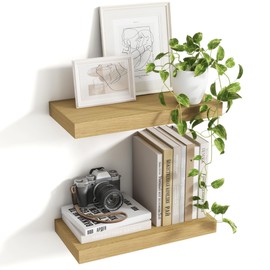 Acovy 16 Inch Floating Shelves, 8 Inch Deep Floating Shelves for Wall, Hanging Shelf with Invisible Brackets, Deep Shelves for Bathroom, Bedroom, Living Room, Oak, Set of 2