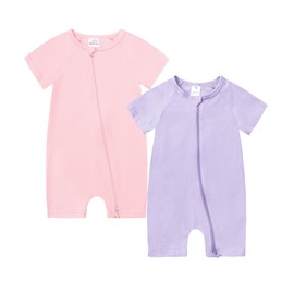 JunNeng Baby 2 Pack Short Sleeve Rompers Infant Cotton 2-way Zippers Comfy Summer Jumpsuit Z Pink+Purple 12-18 Months