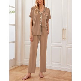 Ekouaer Ekouaer 2 PackWomen Pajamas Short Sleeve Pj Set Notch Collar Button Up Loungewear Cozy Sleepwear Sets Brown and Medium Gray S