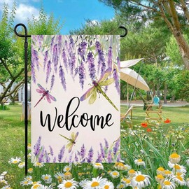 Spring Lavender Garden Flag 12x18 Inch Double Sided Outside Vertical,Summer Welcome Dragonfly Seasonal Home Decor For Rustic Yard Lawn Patio Outdoor Decoration Flag